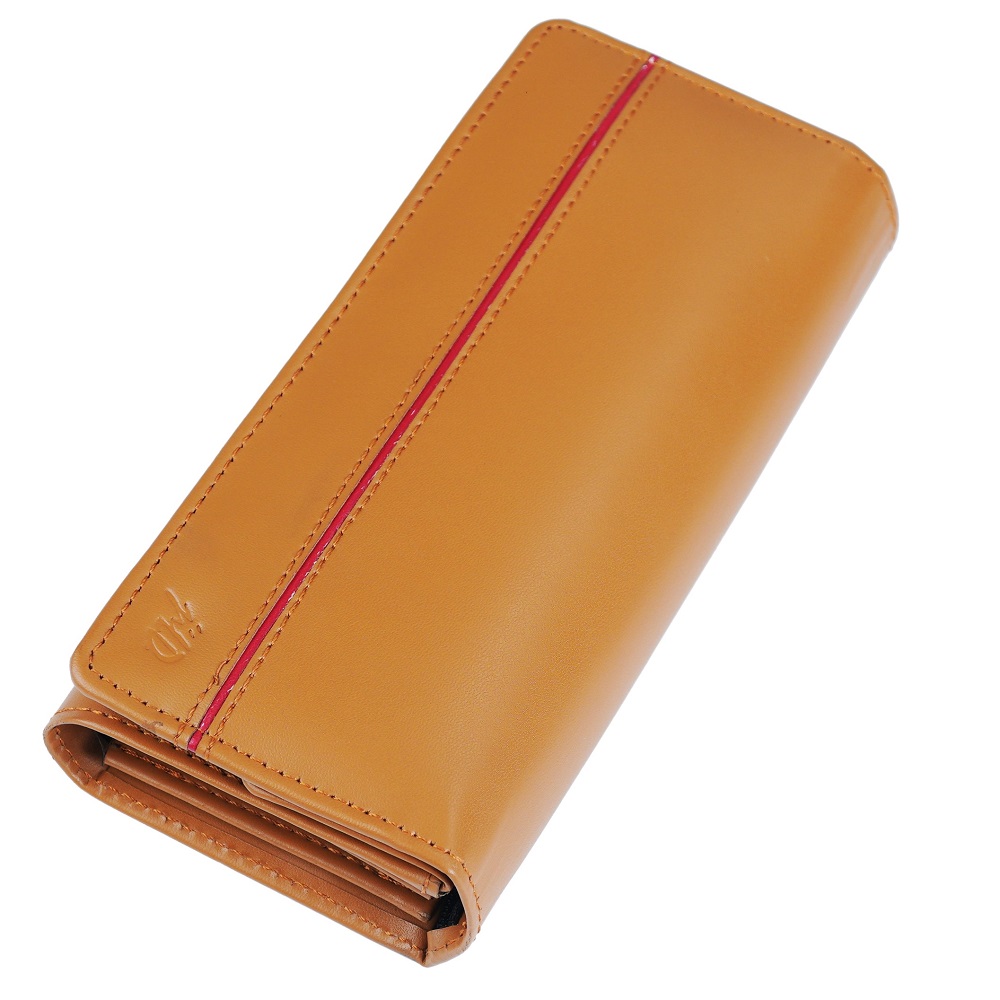 Women Round Stripe Leather Clutch Long Wallet PIPIN CAMEL 