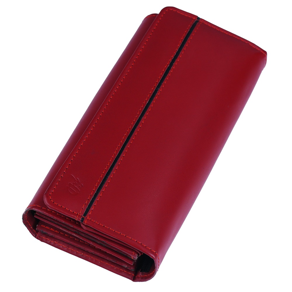 Women Round Stripe Leather Clutch Long Wallet PIPIN RED