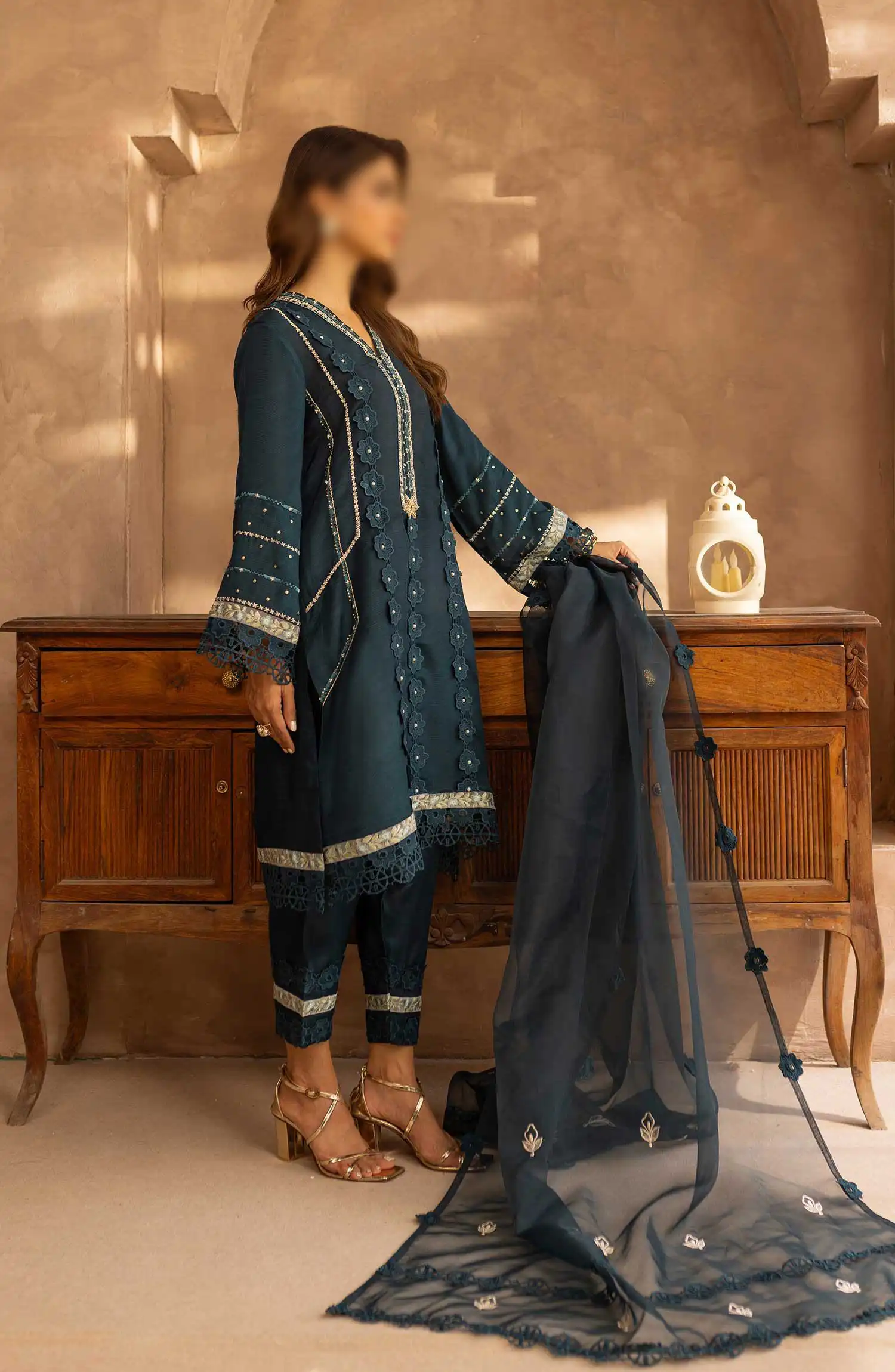 Merakish Zunairi Raw Silk Hand Work Embellished Collection - Prussian blue