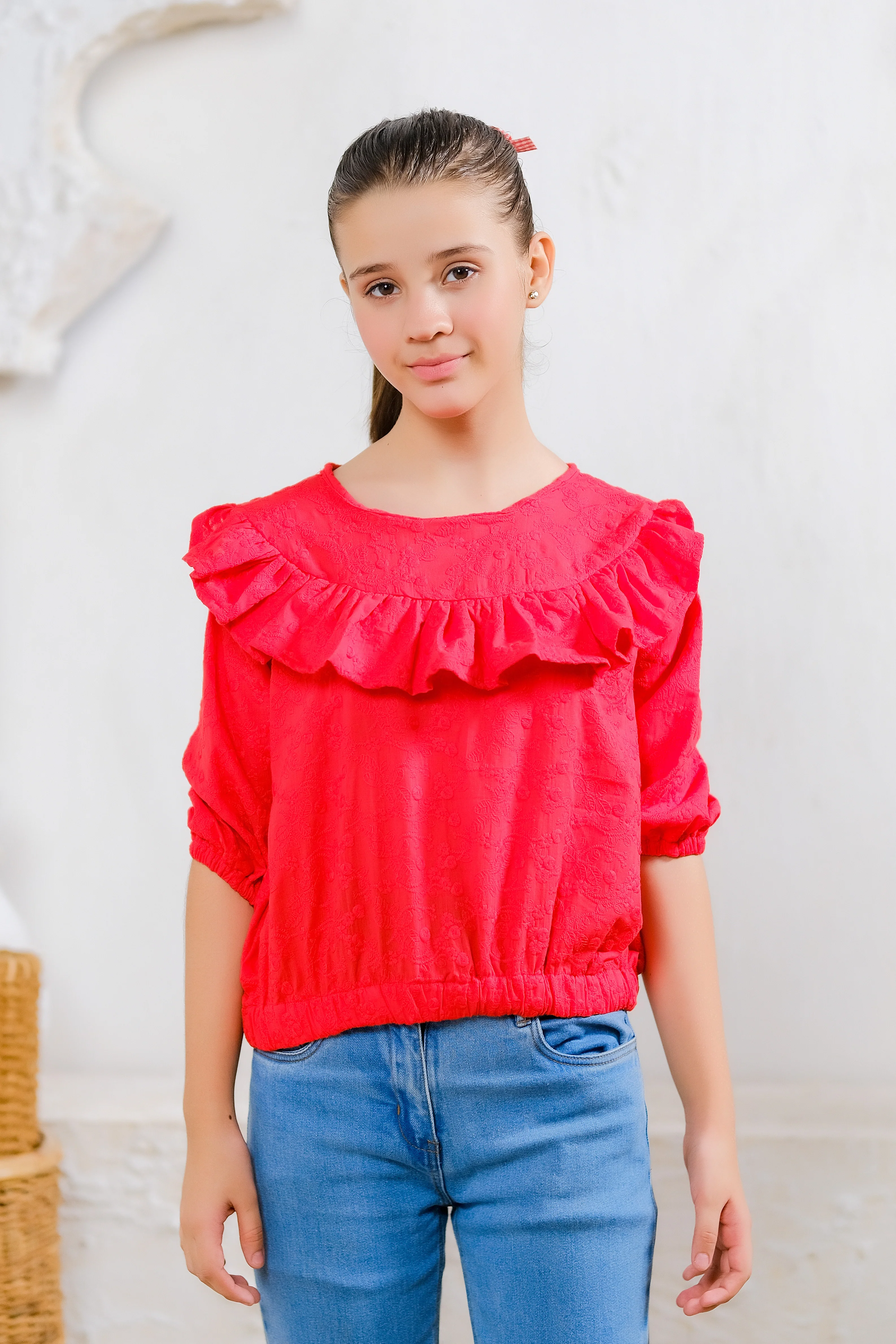 Kids Shirts & Tops - Red Ruffle Quarter-Sleeve Top