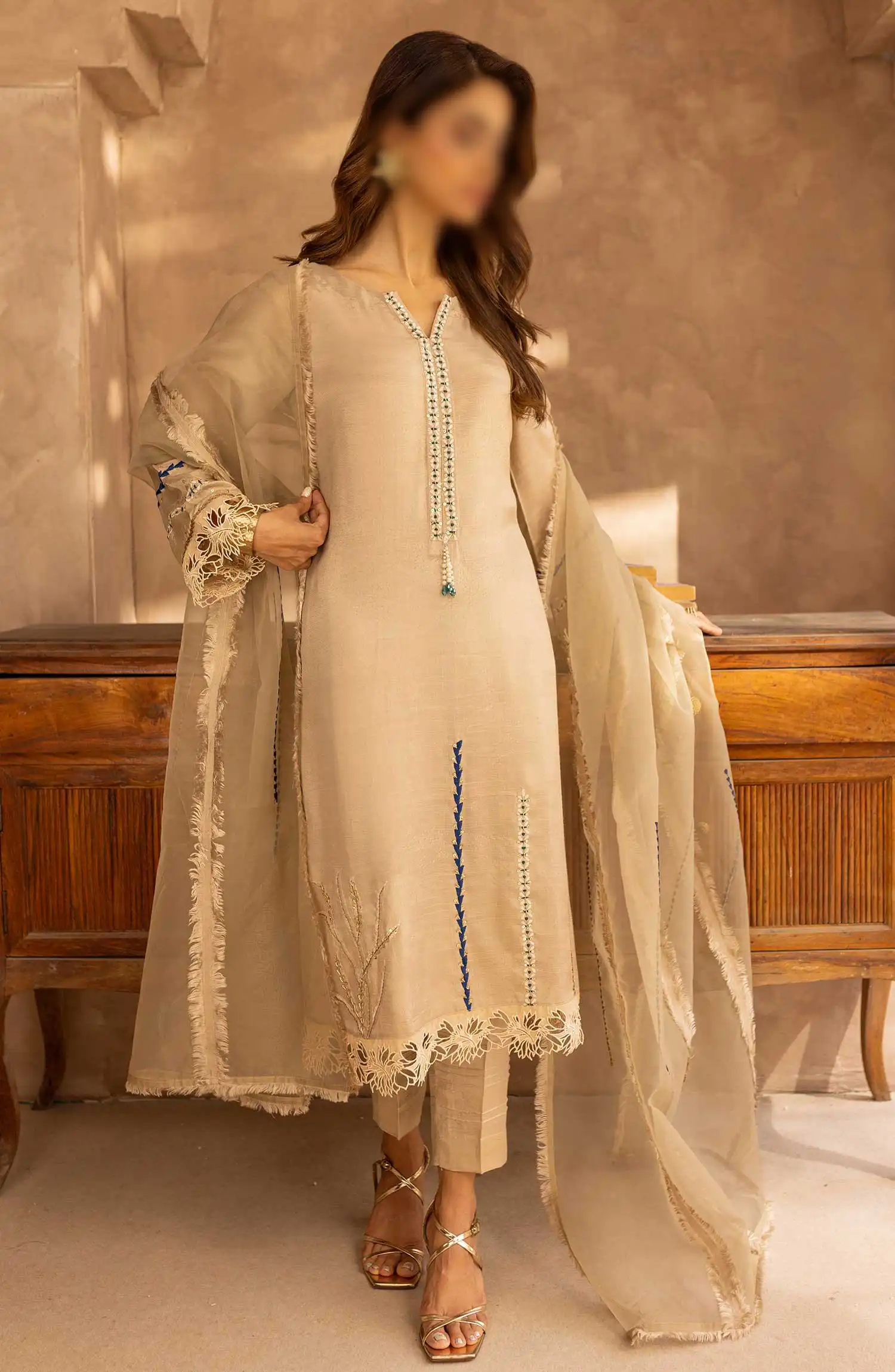 Merakish Zunairi Raw Silk Hand Work Embellished Collection - Rose beige