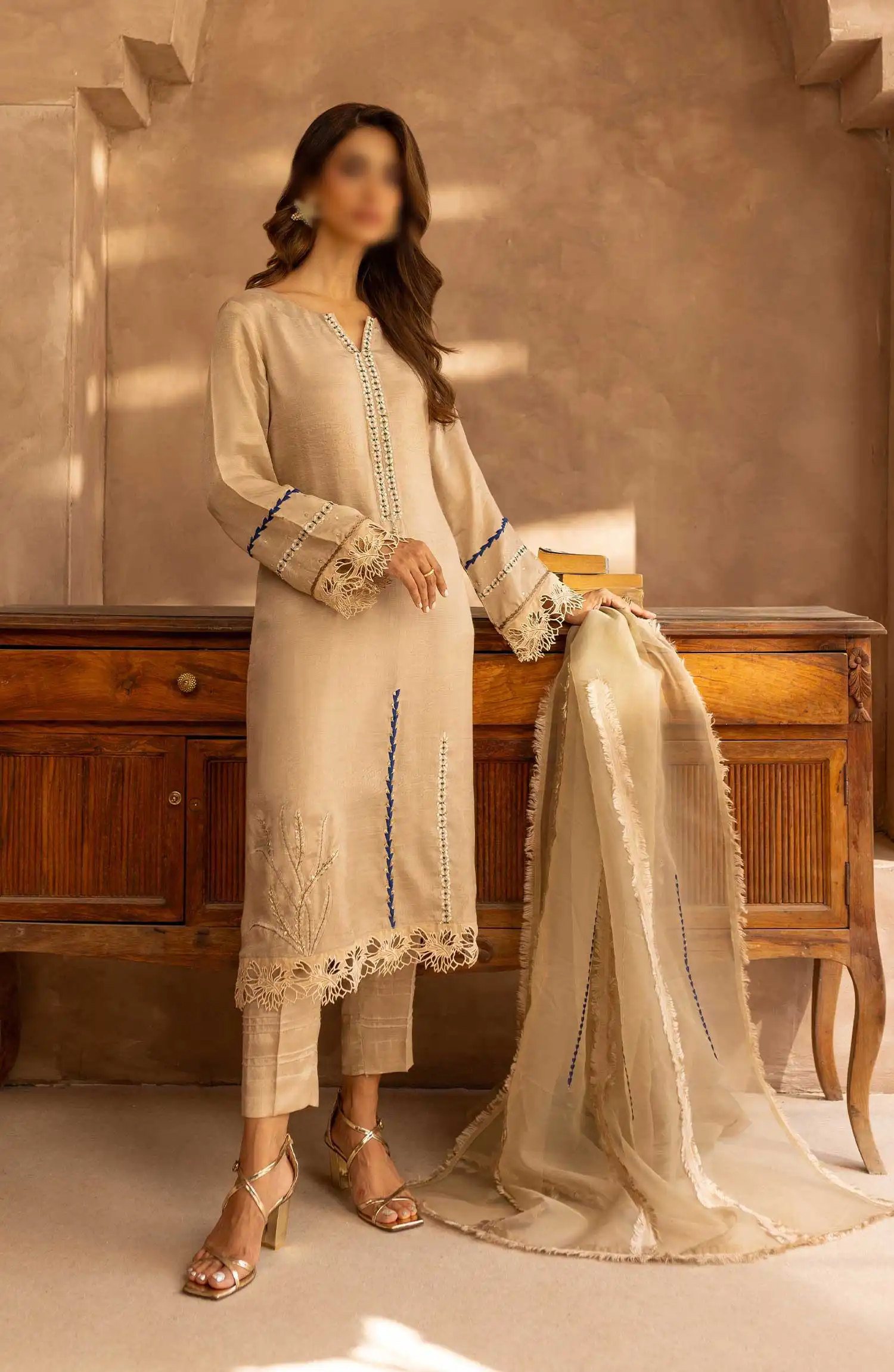 Merakish Zunairi Raw Silk Hand Work Embellished Collection - Rose beige