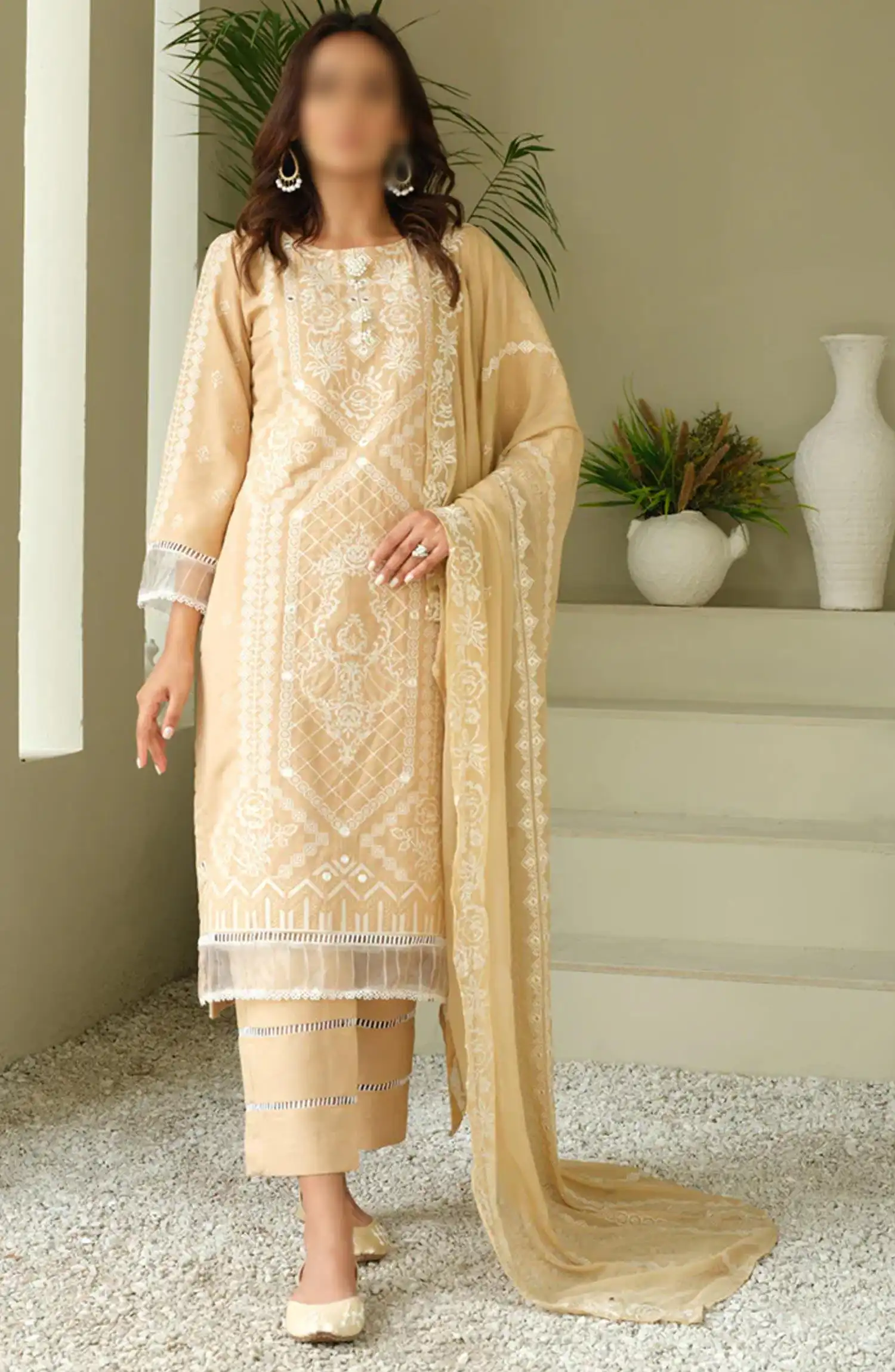 Embroidered Karandi Collection with Embroidered Chiffon Dupatta by Marjjan - SKC-101 (SKIN)