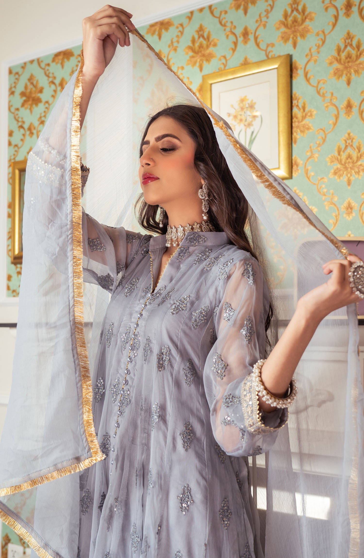 Raqs E Mughal Stitched Collection By AL Harir Apparel - Ruby Grey